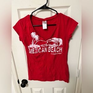 SOLD Short sleeve shirt, red with “Mexican Beach Cozumel”, size XL